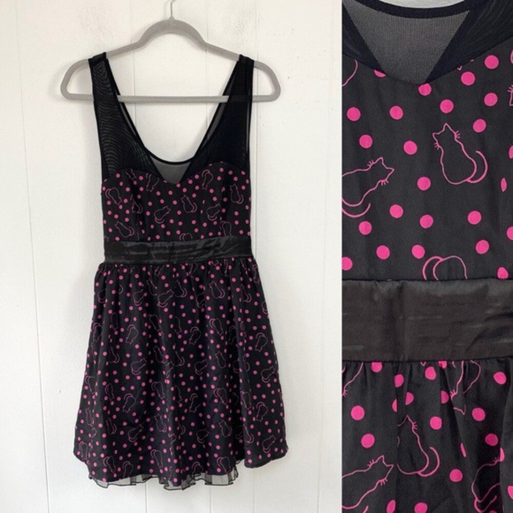 Hot Topic Kitty Cat Polka Dot Dress Black Pink Sz Large Tulle Lined